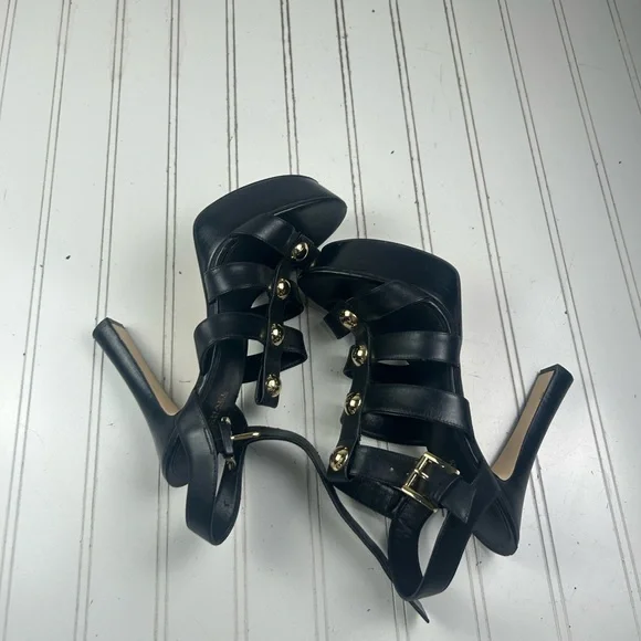 Michael Kors Gideon T-Strap Platform Heels Black Leather Studded Women Size 7.5M - Picture 6 of 8
